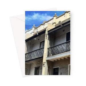 This greeting card shows typical Victoriana architecture in Sydney with decorative wrought iron balconies and feature plasterwork