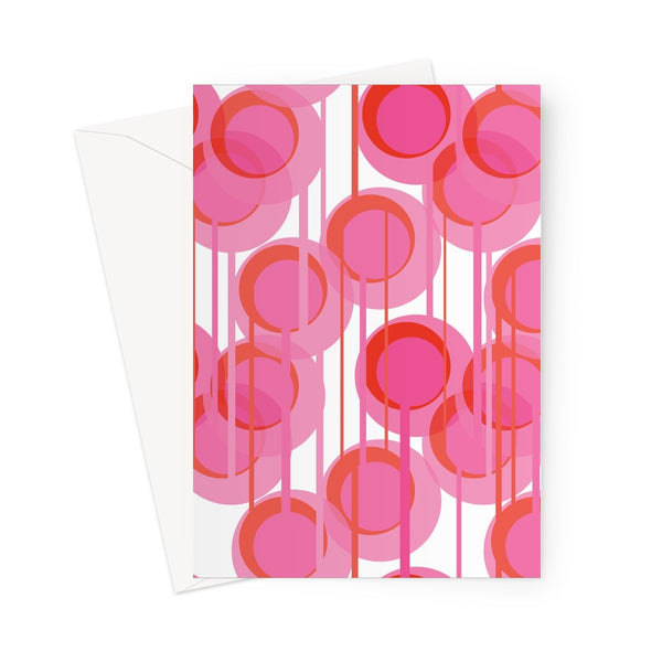 This Mid-Century Modern style greetings card consists of colorful geometric circular shapes in various tones of pink, connected vertically by narrow tentacles to form and almost hanging mobile type abstract circular pattern on a white background