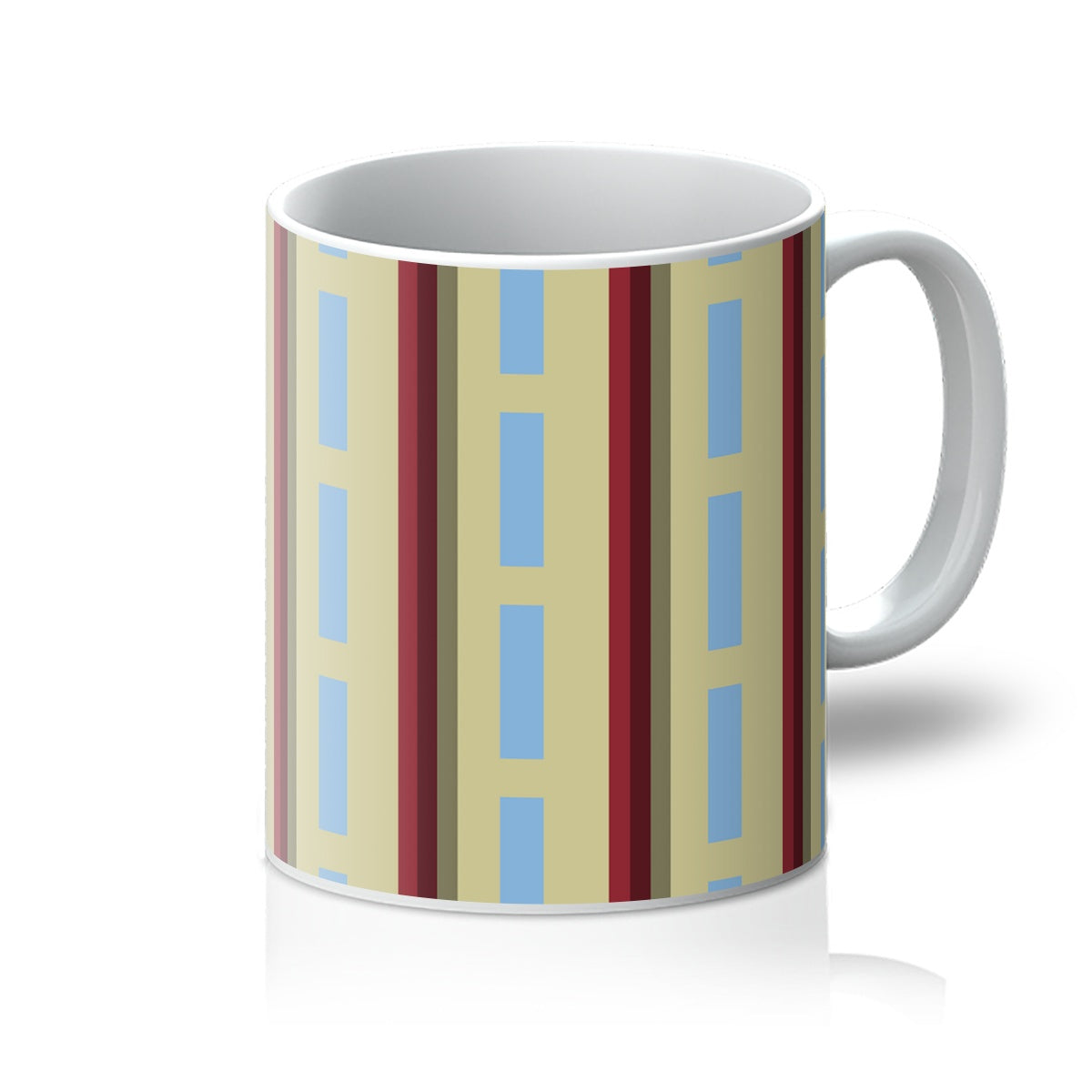 This ceramic coffee mug has a vintage style patterned design of vermilion red and cerulean blue stripes against a cream background