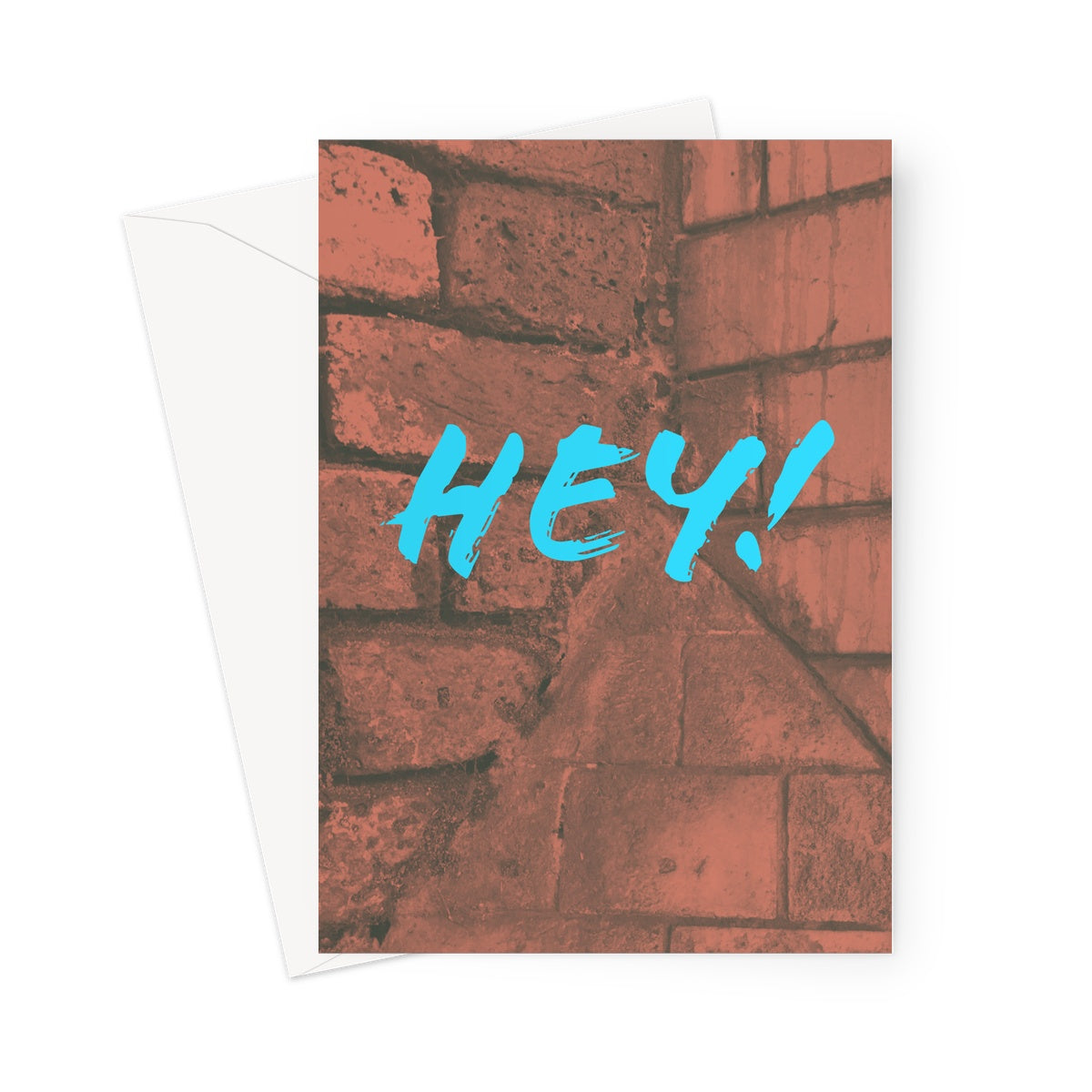 Greeting card showing the word "Hey!" in bright blue against a red-washed image of old brick and tile work from urban Southwark
