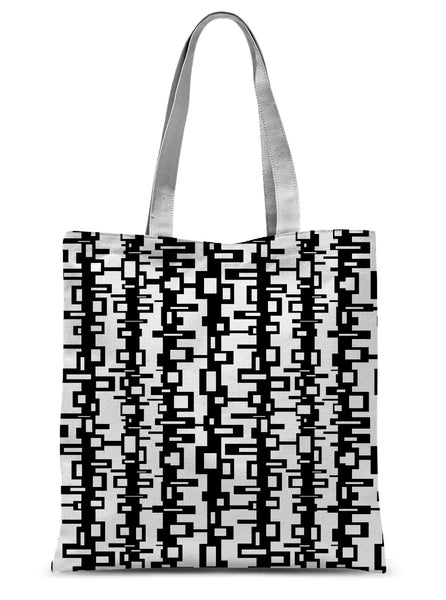This Mid-Century Modern style shopping tote design consists of a black geometric pattern against a white background