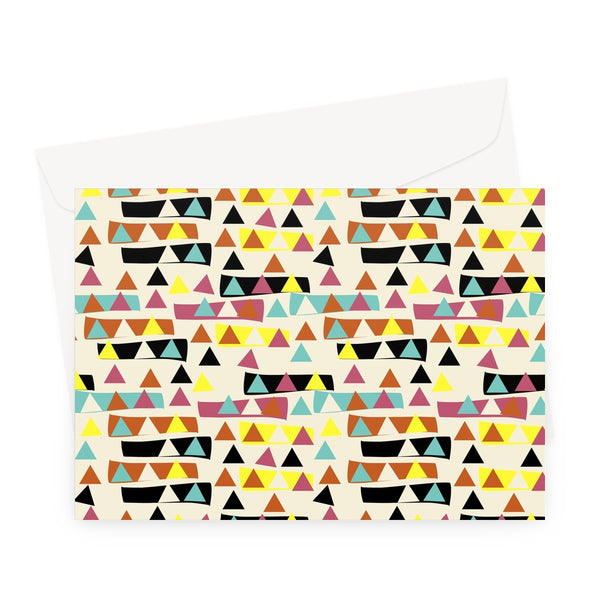 This Mid-Century Modern style greetings card consists of a colorful, abstract geometric triangle patterned design with blocks of color
