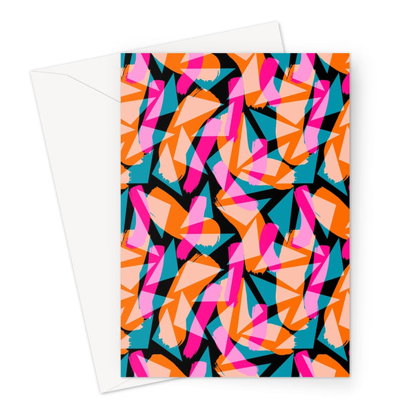geometric patterned greeting card in an 80s Memphis design in tones of pink, orange, turquoise and white against a black background, by BillingtonPix