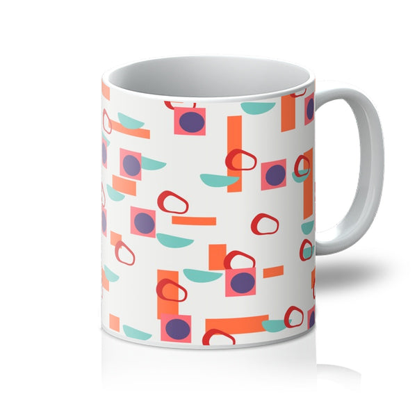 Mid-Century Modern retro 50s style coffee mug inspired by Alexander Girard in tones of tones of orange, purple, pink, red and turquoise