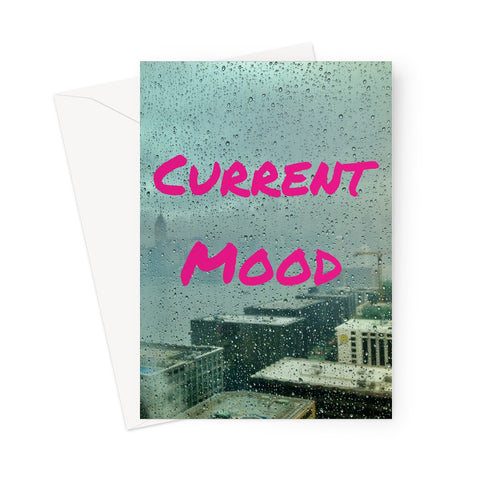 "Current Mood" written in pink font overlays the view of a rainy Hong Kong through a window, with droplets of rain on this greeting card
