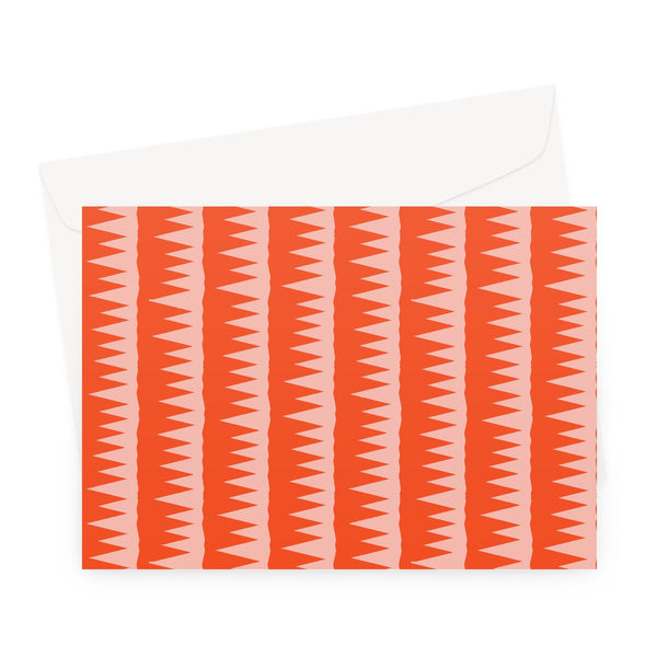 This Mid-Century Modern style card design consists of colorful pink jagged columns of geometric triangular shapes stacked upon each other like columns against an orange red background