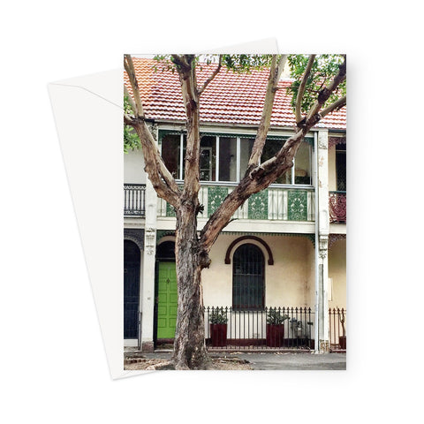 This greeting card shows typical Victoriana architecture in Sydney with decorative wrought iron balconies