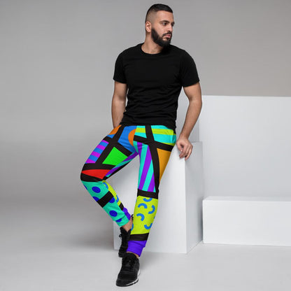 Vibrant 80s Memphis retro style men's joggers in geometric patterns and a black geometric overlay by BillingtonPix