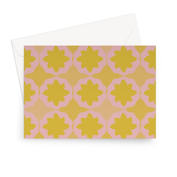 This Mid-Century Modern style greetings card consists of a colorful, abstract geometric floral design in pink and orange tones