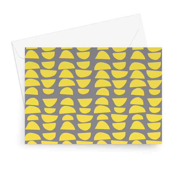 This patterned retro style design has stacked abstract shapes in a vibrant lemon yellow, alternating in reverse against a stunning grey background