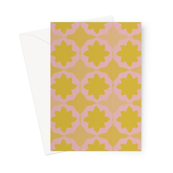 This Mid-Century Modern style greetings card consists of a colorful, abstract geometric floral design in pink and orange tones