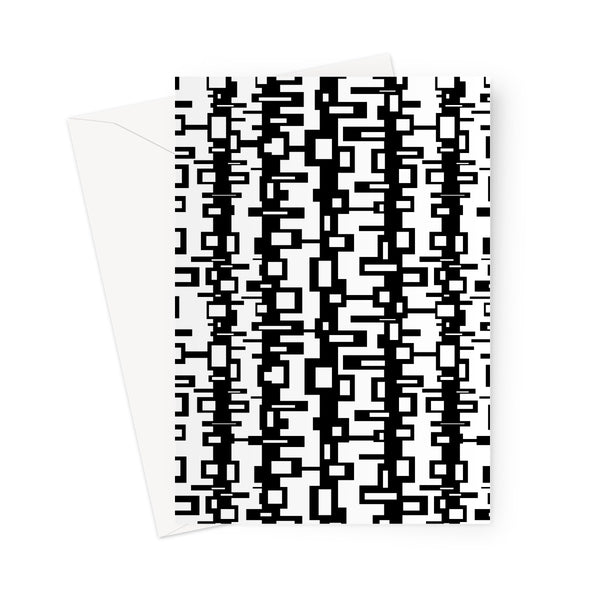 This Mid-Century Modern style art card design consists of black geometric pattern against a white background.