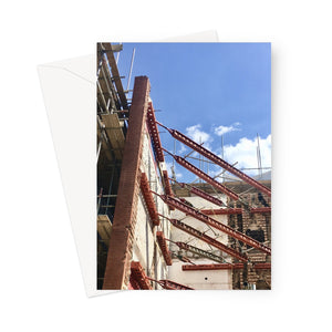 This greeting card is a superb image of red scaffold support to a period building in Southwark.