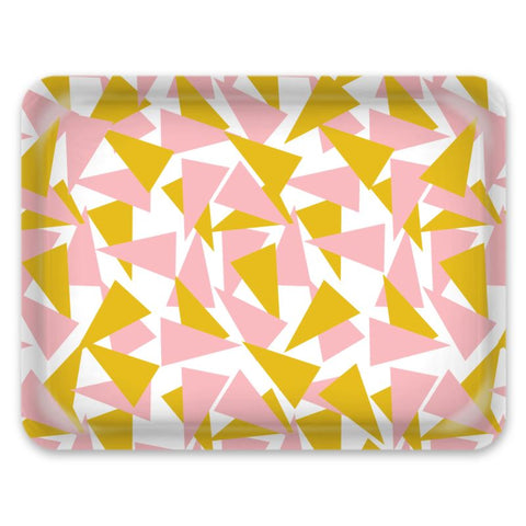 This retro style patterned tray has an abstract triangular pattern in pink and mustard orange against a white background
