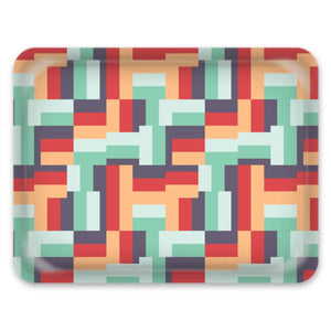 This patterned tray has an abstract geometric pattern in summer tones of mint, aubergine, raspberry and peach