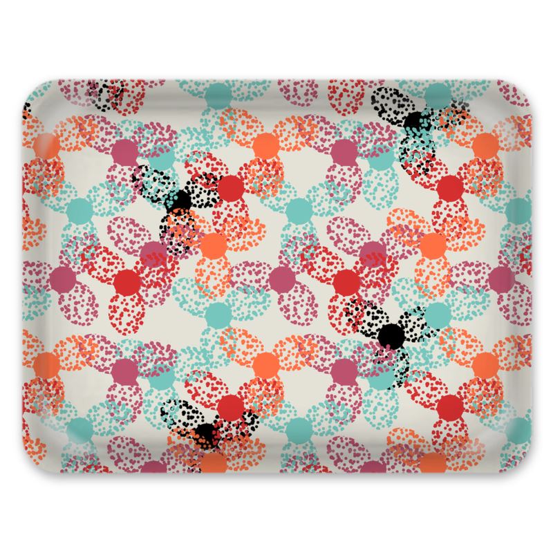 This patterned serving tray has an abstract multicoloured floral pattern in tones of tangerine, raspberry, mint and blackcurrant against a pale grey background