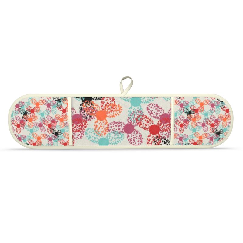 These double oven gloves consist of a multicoloured abstract floral pattern on a pale grey background