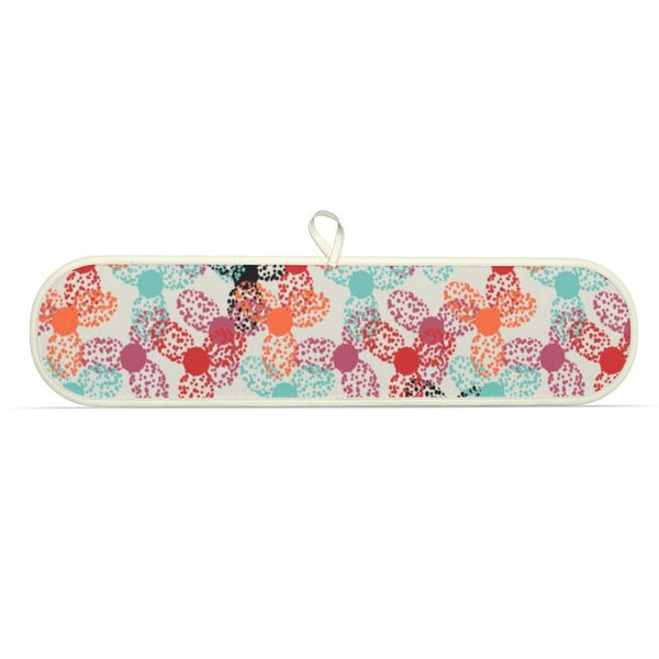 These double oven gloves consist of a multicoloured abstract floral pattern on a pale grey background