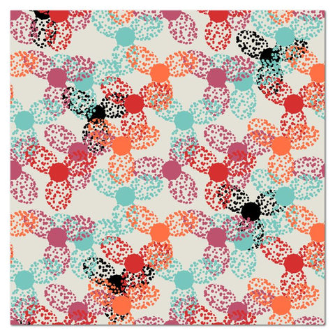 This patterned kitchen table cloth has an abstract floral pattern of summer tones such as tangerine, mint, raspberry and blackcurrant against a soft grey background