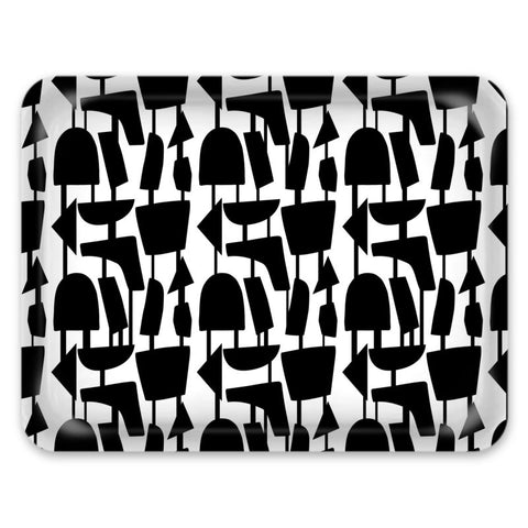 This Mid-Century Modern style patterned tray design consists of black geometric shapes on a white background, connected by narrow vertical tentacles to form and almost hanging mobile type abstract pattern