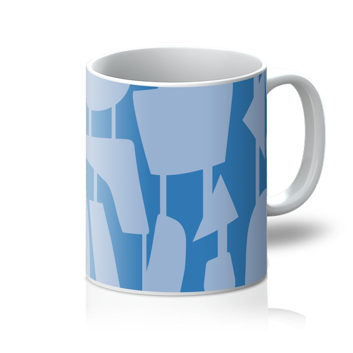 This Mid-Century Modern style ceramic coffee mug consists of colorful connected shapes in Cerulean blue on a French blue background