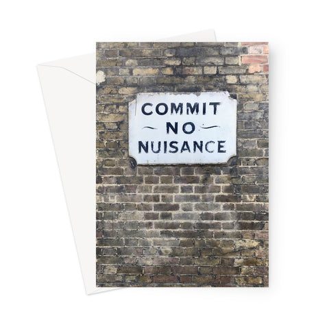 Greeting card showing photographic image of the Commit No Nuisance Victorian street sign in Southwark, London