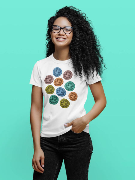 Model wearing a multicoloured tomato slices in red, blue, purple, yellow and green on this white cotton t-shirt by BillingtonPix