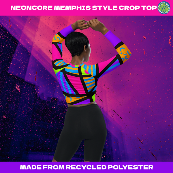 Neoncore underboob rave outfit in 80s Memphis style geometric pattern. Bright and bold neon crop top for women with long sleeves and cropped at the waist. The ultimate in rave clothing this 2XS 6XL Plus Size Bikini Athleisure is made from recycled polyester and is perfect for clubbing, swimming or streetwear fashion