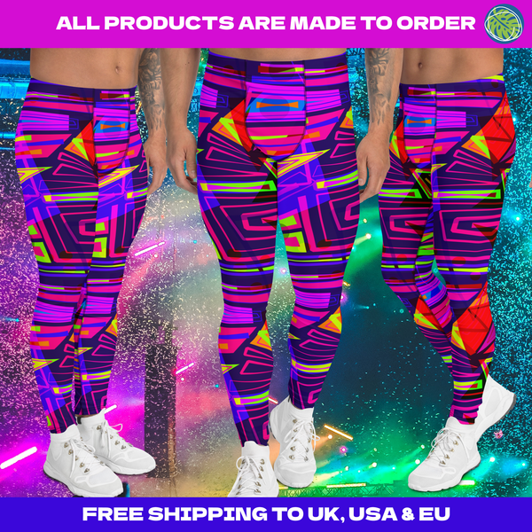 EDM electronic dance music style neoncore and vaporwave leggings for men in geometric angular layers and overlays. Tones of dark blue, red, pink, purple and orange in a neon effect. This EDM outfit or clubbing outfit is soft material with a stretchy 4-way stretch fabric that is super comfy and will ensure your mens fashion tights remain super bright and vivid long term.