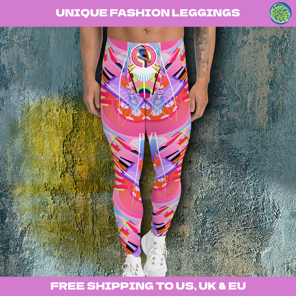 Mens leggings in an EDC rave design. Geometric shapes in bright and bold colors on this clubbing outfit esesntial with yami kawaii and pastel goth vibes for meggings