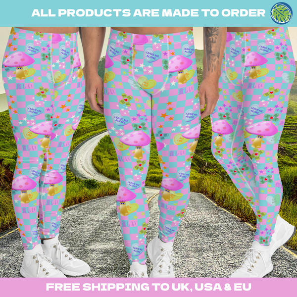Fairy Kei Harajuku mens leggings with Menhera Kei pastel toned design in checked turquoise blue & pink pattern & Yume Kawaii & Cottagecore anime mushrooms, stars, sticking plasters, negative vibe mean love hearts & Japanese scripts for pain & emotion on these meggings by BillingtonPix
