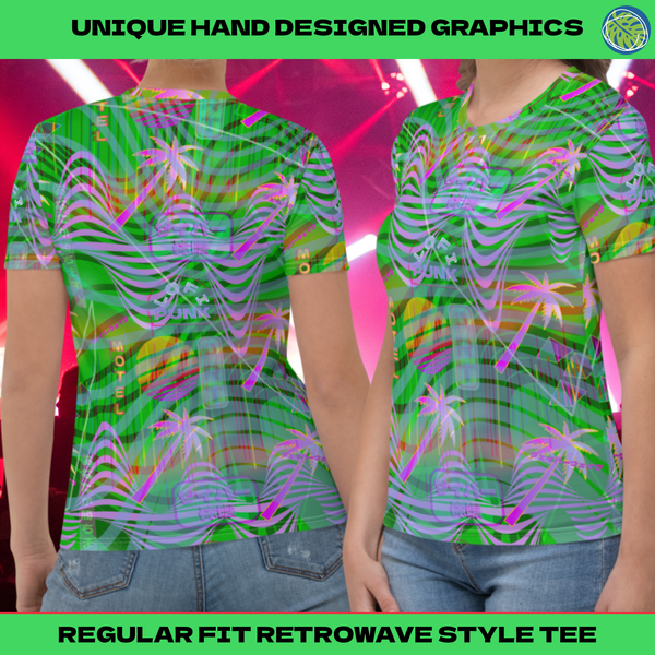 Green vaporwave all-over print sublimation t-shirt for women. Japanese jfashion motifs such as neoncore vintage sunsets and las vegas palms with a swirly pattern on this womens crew neck short sleeve tee by BillingtonPix
