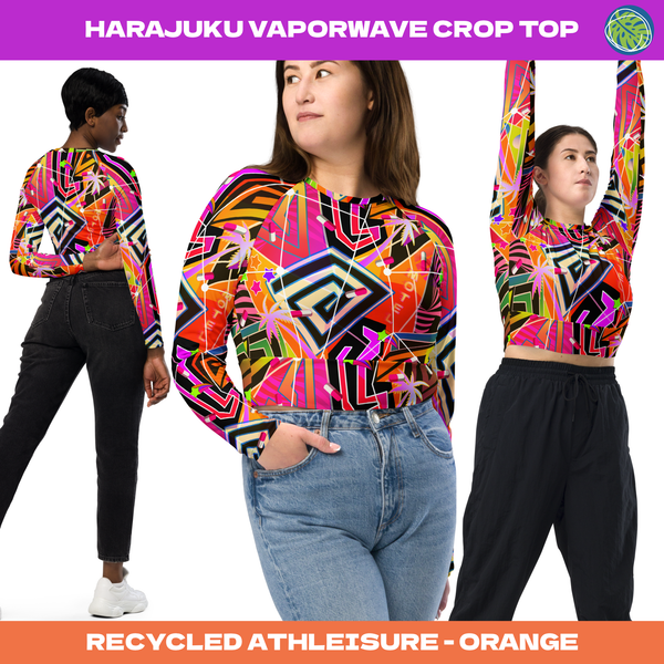 Orange retrowave geometric neoncore womens underboob crop top made with recycled polyester in a vibrant sparkling patterned design. Crew neck and long arms in raglan style with a high waistband. Soft and stretchy with orange, pink, black and white Vegas Vaporwave motifs on this cropped bikini top for women