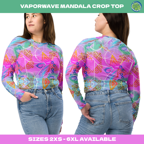 Pink and blue vaporwave mandala patterned underboob crop top for women in a soft and stretchy recycled polyester fabric. Long sleeved and crew neck with a high waistband. Geometric design on this rave clothing for women