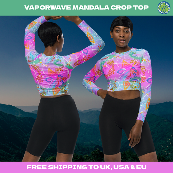 Pink and blue vaporwave mandala patterned underboob crop top for women in a soft and stretchy recycled polyester fabric. Long sleeved and crew neck with a high waistband. Geometric design on this rave clothing for women