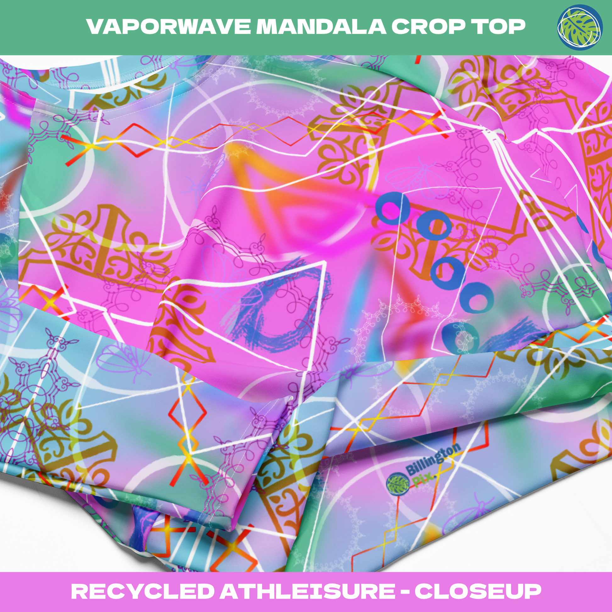 Pink and blue vaporwave mandala patterned underboob crop top for women in a soft and stretchy recycled polyester fabric. Long sleeved and crew neck with a high waistband. Geometric design on this rave clothing for women