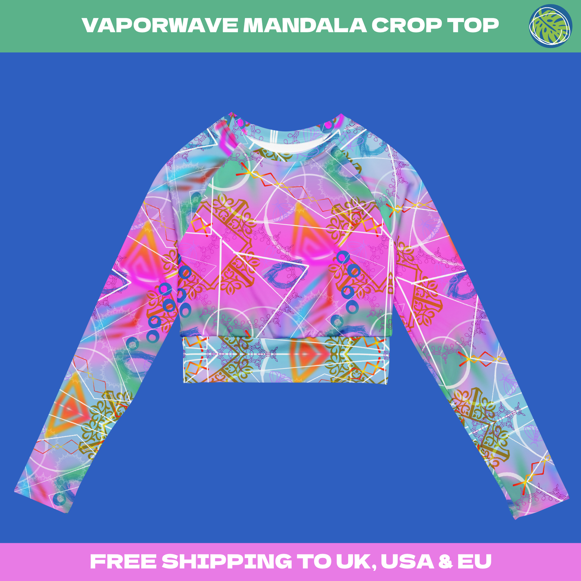 Pink and blue vaporwave mandala patterned underboob crop top for women in a soft and stretchy recycled polyester fabric. Long sleeved and crew neck with a high waistband. Geometric design on this rave clothing for women