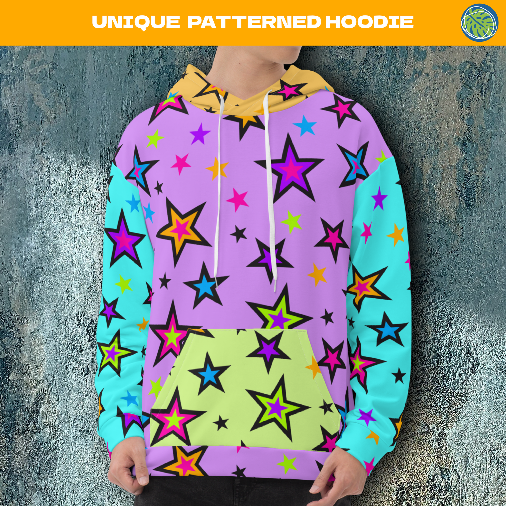 Festival Color Block Hoodie Kawaii Stars | EDC Rave Gear Retro 80s EMO Style Clubbing Outfit | Fun Harajuku Pop Kei Streetwear Fashion. Vibrant starry patterned hoodie sweatshirt with blue arms, purple torso, orange hood & lime green kangaroo pocket