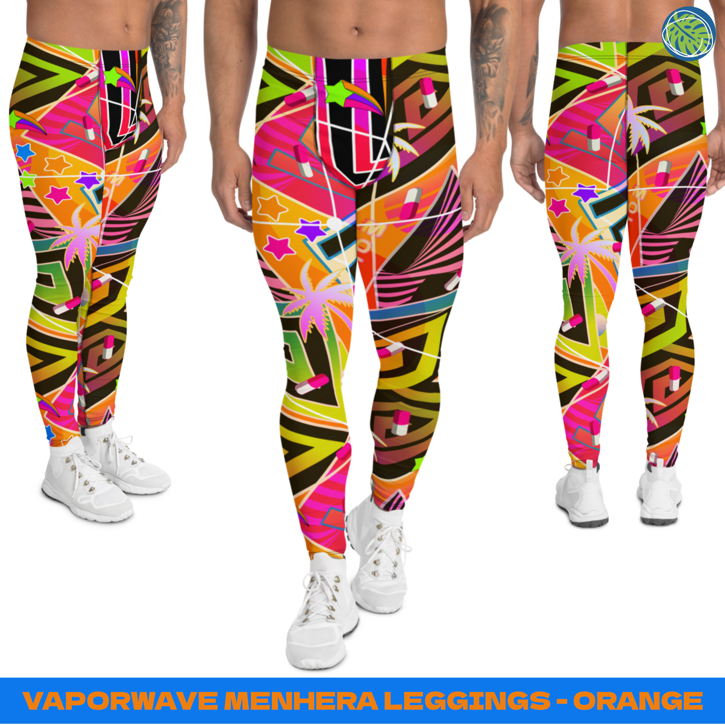 Vaporwave style meggings with Menhera kei vibes. Orange patterned gym leggings for men in a Synthwave and Retrowave graphic with a Christmas Las Vegas theme of neoncore palm trees, signage and stars. Beautiful running tights with geometric pattern and striking colorful design on these compression pants for men by BillingtonPix