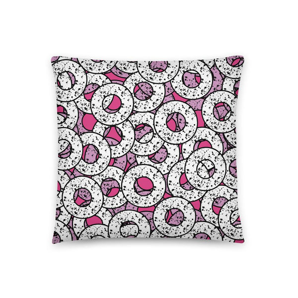  Gorgeous, fun Pink 80s Memphis style sofa cushion or couch pillow from our Splattered Donuts Collection 18x18 featuring a bold pattern of pink and white sprinkled donuts, or maybe they are paint splatters
