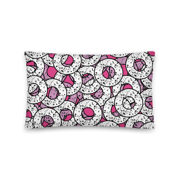 Gorgeous, fun Pink 80s Memphis style sofa cushion or couch pillow from our Splattered Donuts Collection 20x12 featuring a bold pattern of pink and white sprinkled donuts, or maybe they are paint splatters