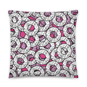  Gorgeous, fun Pink 80s Memphis style sofa cushion or couch pillow from our Splattered Donuts Collection 22x22 featuring a bold pattern of pink and white sprinkled donuts, or maybe they are paint splatters