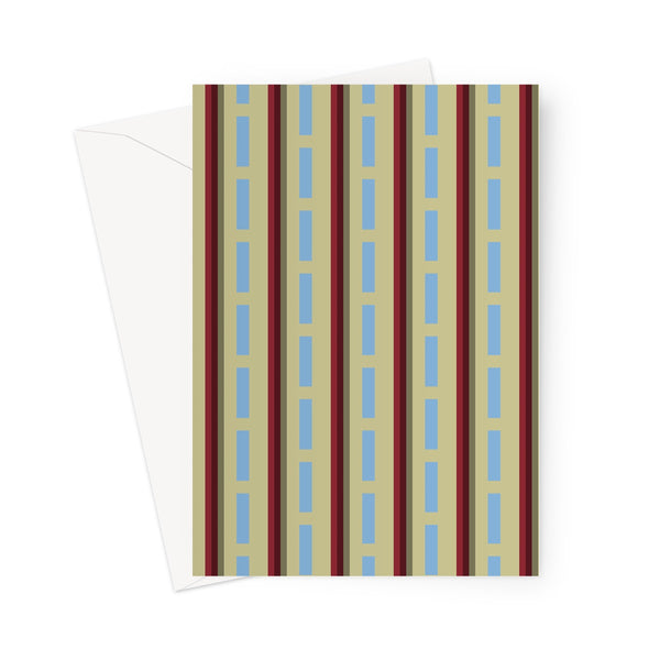 This greeting card has a vintage style patterned design of vermilion red and cerulean blue stripes against a cream background