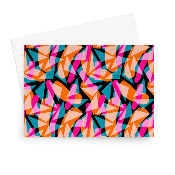 geometric patterned greeting card in an 80s Memphis design in tones of pink, orange, turquoise and white against a black background, by BillingtonPix