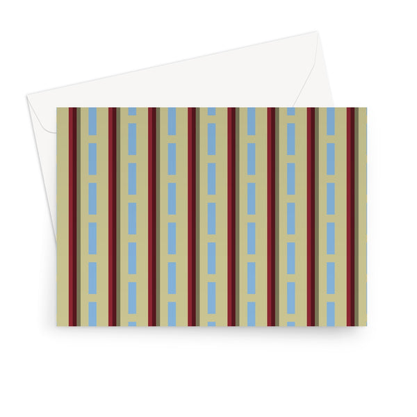 This greeting card has a vintage style patterned design of vermilion red and cerulean blue stripes against a cream background
