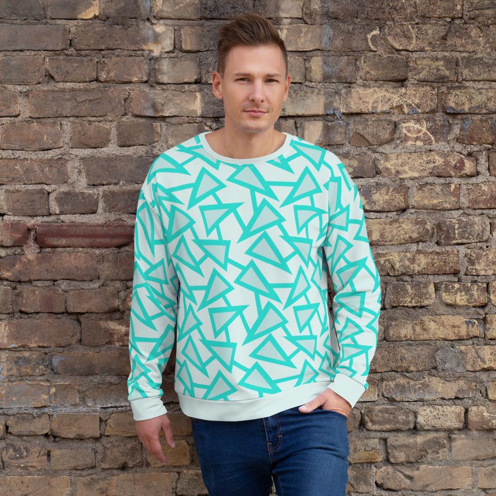 Popular 80s Memphis triangular theme of geometric triangle shapes connected with stalks in a turquoise and mint colour palette on this sweatshirt pullover by BillingtonPix