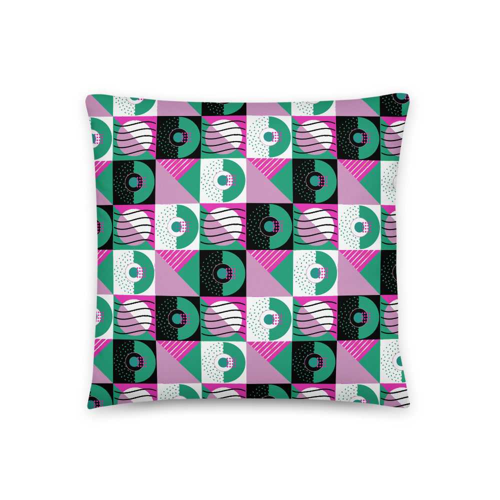Checked Pink Memphis Style sofa cushion or throw pillow with a pink, green and black geometric pattern design