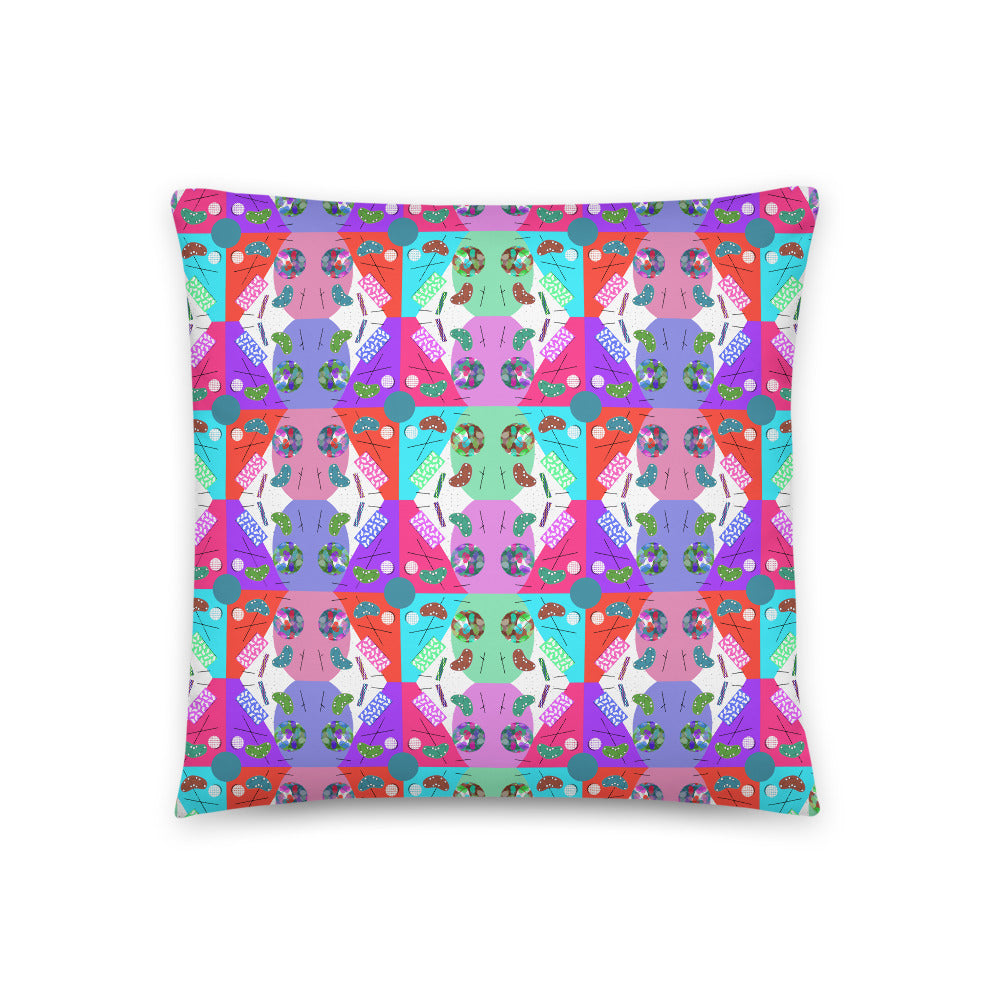 Abstract Checked Rainbow Kaleidoscope Memphis Pattern colorful boho pillow cushion by BillingtonPix, with a beautiful checked arrangement of colorful Memphis design geometric shapes