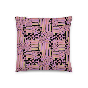 Contemporary Retro Pink Memphis Kaleidoscope Abstract Pattern throw pillow sofa cushion, with black dots, stripes and geometric shapes, by BillingtonPix