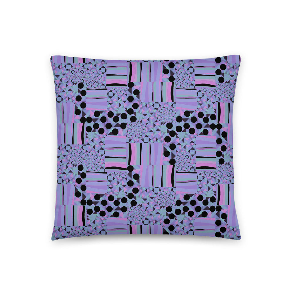 Contemporary Retro Purple Memphis Kaleidoscope Abstract Pattern throw pillow sofa cushion, with black dots, stripes and geometric shapes, by BillingtonPix